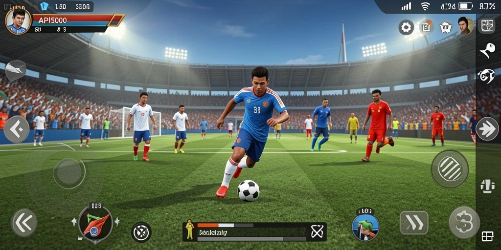 Screenshot gameplay API5000 menampilkan aksi seru di lapangan sepak bola.