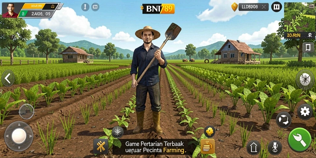 Tampilan gameplay BNI789 yang menampilkan ladang hijau subur dan hewan ternak.