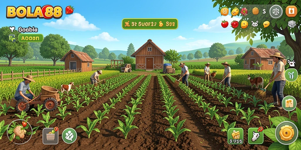 Screenshot gameplay BOLA88 menampilkan keseruan bertani dengan grafik yang menarik.