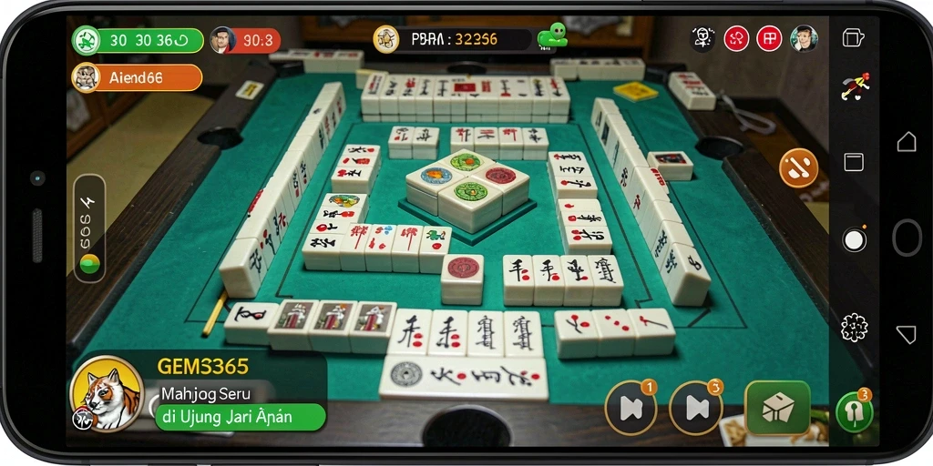 Tampak gameplay seru dalam GEMS365 yang penuh tantangan Mahjong.