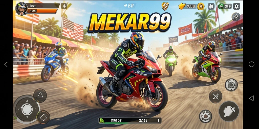 Screenshot MEKAR99 menunjukkan aksi balapan motor yang mendebarkan.