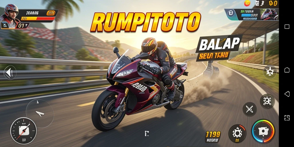 Tampilan gameplay RUMPITOTO dengan aksi balapan motor yang intens.