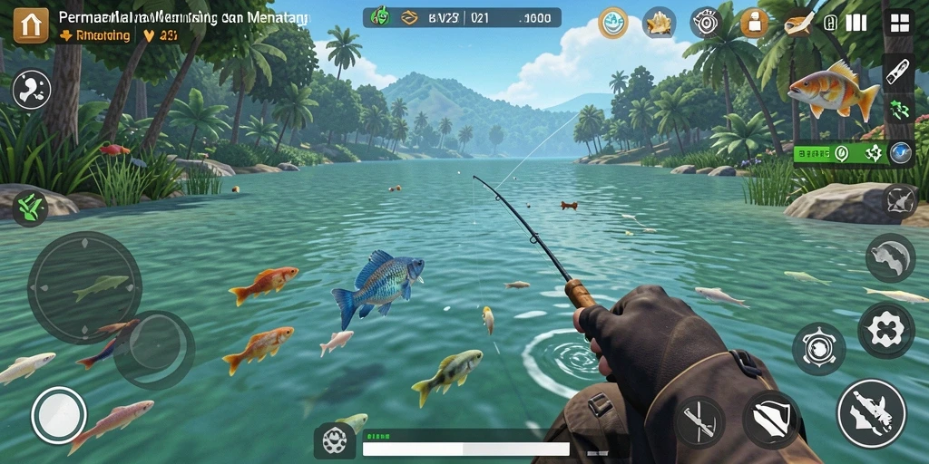 Screenshot gameplay V21 menunjukkan aksi memancing yang seru dan mendebarkan.